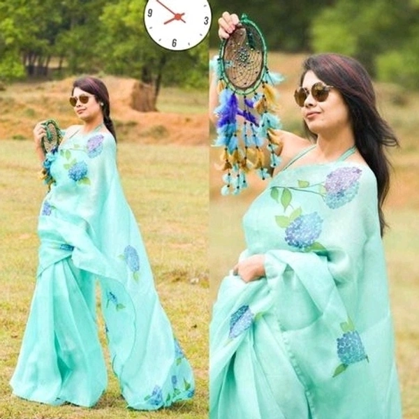 Organza Saree  Leafs Design, Separate Blouse Piece( Satin Fabric) ,Saree Length:5.5m Blouse Length:80cm COD Available