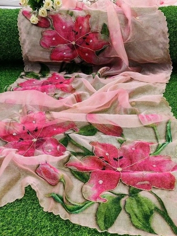  Organza Saree Flowerr Design, Separate Blouse Piece( Satin Silk Fabric) ,Saree Length:5.5m Blouse Length:80cm COD Available