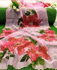  Organza Saree Flowerr Design, Separate Blouse Piece( Satin Silk Fabric) ,Saree Length:5.5m Blouse Length:80cm COD Available