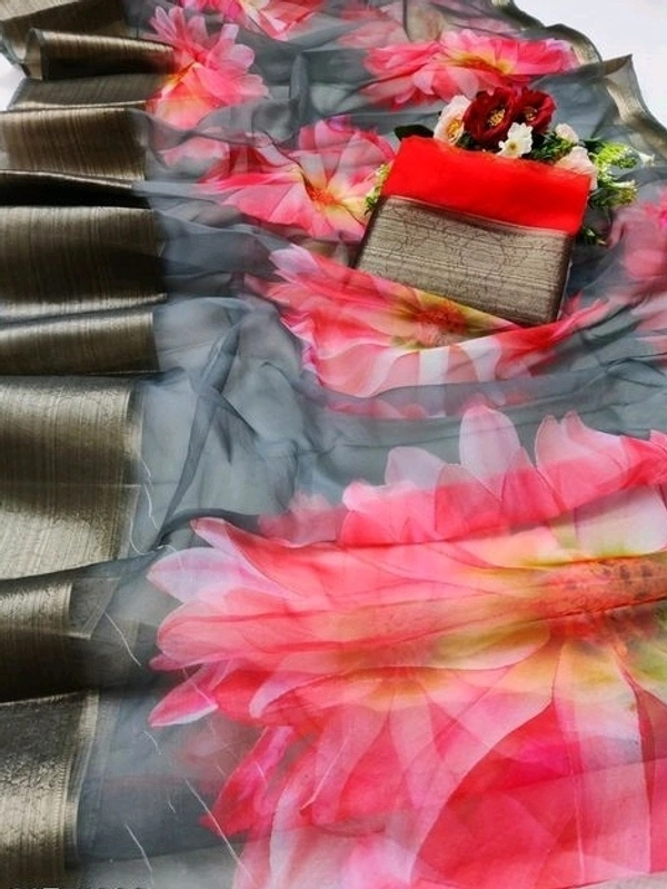  Organza Saree Flower Design, Separate Blouse Piece( Organza Printed Fabric) ,Saree Length:5.5m Blouse Length:80cm COD Available