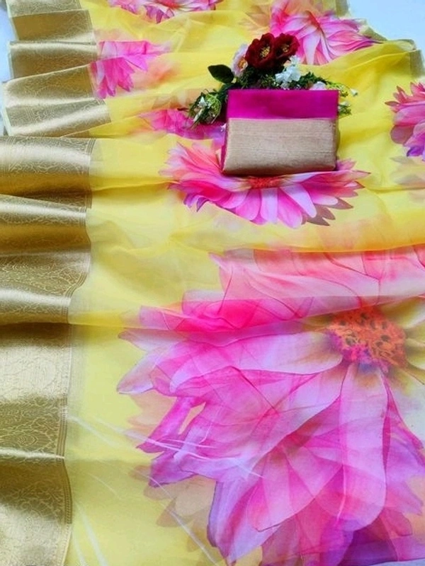  Organza Saree Flower Design, Separate Blouse Piece( Organza Printed Fabric) ,Saree Length:5.5m Blouse Length:80cm COD Available