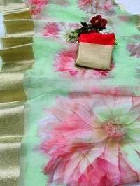  Organza Saree Flower Design, Separate Blouse Piece( Organza Printed Fabric) ,Saree Length:5.5m Blouse Length:80cm COD Available