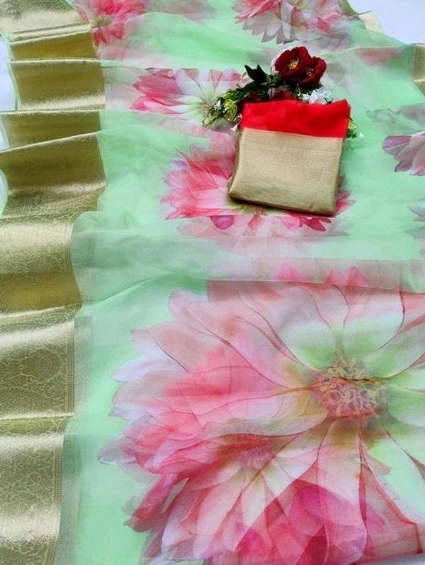  Organza Saree Flower Design, Separate Blouse Piece( Organza Printed Fabric) ,Saree Length:5.5m Blouse Length:80cm COD Available