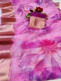  Organza Saree Flower Design, Separate Blouse Piece( Organza Printed Fabric) ,Saree Length:5.5m Blouse Length:80cm COD Available