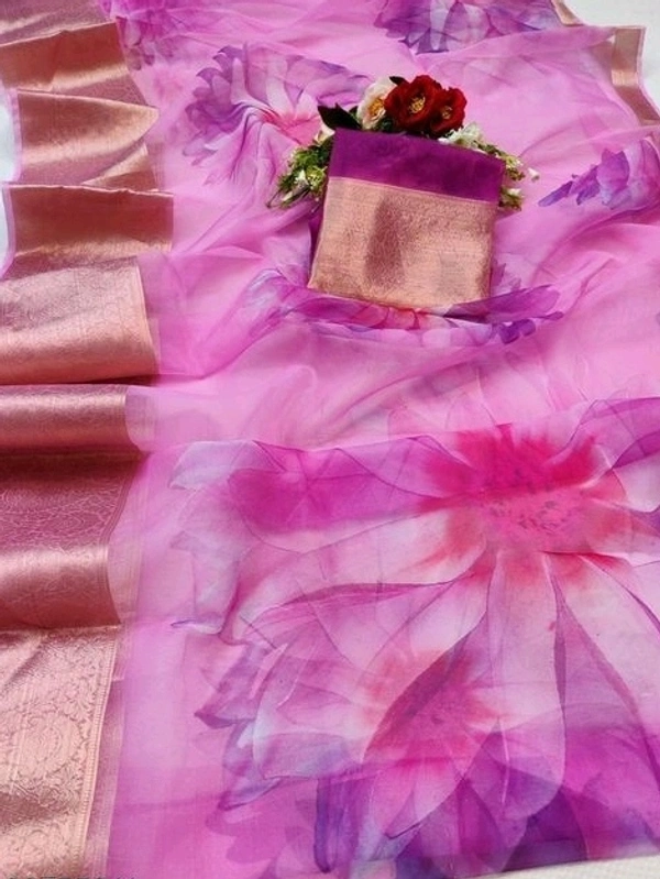  Organza Saree Flower Design, Separate Blouse Piece( Organza Printed Fabric) ,Saree Length:5.5m Blouse Length:80cm COD Available