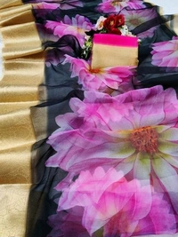  Organza Saree Flower Design, Separate Blouse Piece( Organza Printed Fabric) ,Saree Length:5.5m Blouse Length:80cm COD Available
