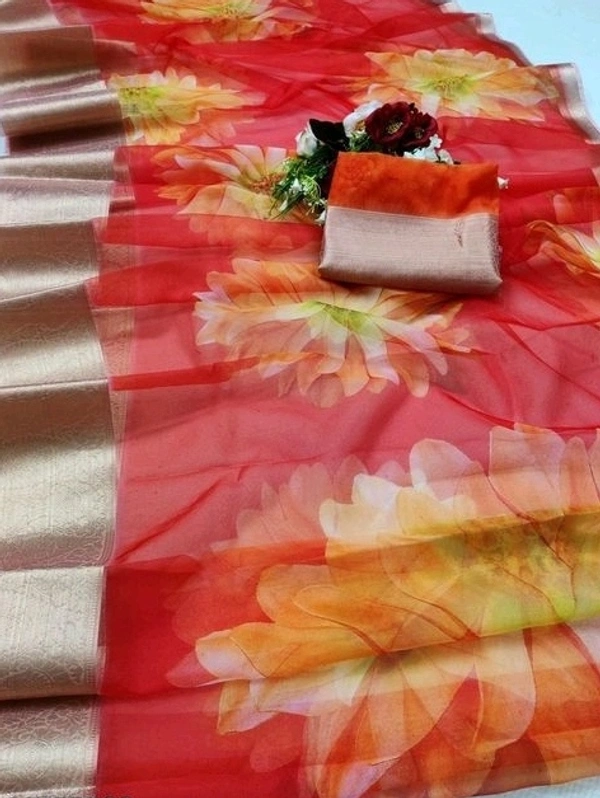  Organza Saree Flower Design, Separate Blouse Piece( Organza Printed Fabric) ,Saree Length:5.5m Blouse Length:80cm COD Available