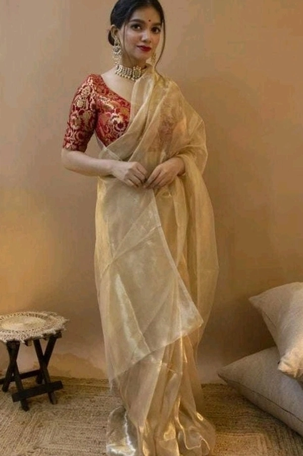 Plain Issue Organza Saree With Banarasi Blouse Piece, Saree Length:5.5m Blouse Length:80cm, COD Available