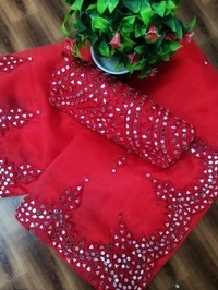  Organza Saree Chips Design, Separate Blouse Piece( Poly Silk Fabric) ,Saree Length:5.5m Blouse Length:80cm COD Available