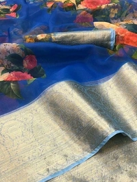  Organza Saree Flower Design, Separate Blouse Piece( Organza Printed Fabric) ,Saree Length:5.5m Blouse Length:80cm COD Available