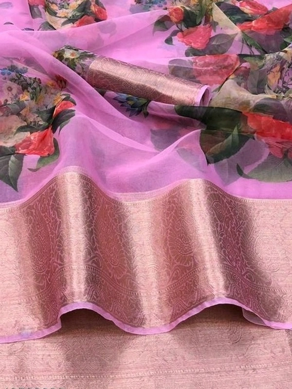  Organza Saree Flower Design, Separate Blouse Piece( Organza Printed Fabric) ,Saree Length:5.5m Blouse Length:80cm COD Available