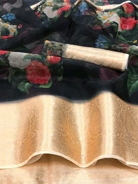  Organza Saree Flower Design, Separate Blouse Piece( Organza Printed Fabric) ,Saree Length:5.5m Blouse Length:80cm COD Available