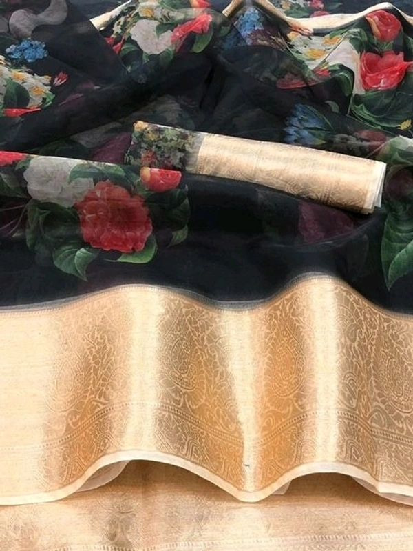  Organza Saree Flower Design, Separate Blouse Piece( Organza Printed Fabric) ,Saree Length:5.5m Blouse Length:80cm COD Available