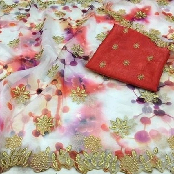  Organza Saree With Embroidery Work And Pearls Work, Different Silk Blouse Piece With Embroidery, Saree Length:5.5m Blouse Length:80cm, COD Available