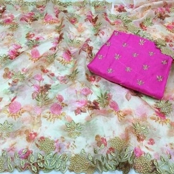  Organza Saree With Embroidery Work And Pearls Work, Different Silk Blouse Piece With Embroidery, Saree Length:5.5m Blouse Length:80cm, COD Available