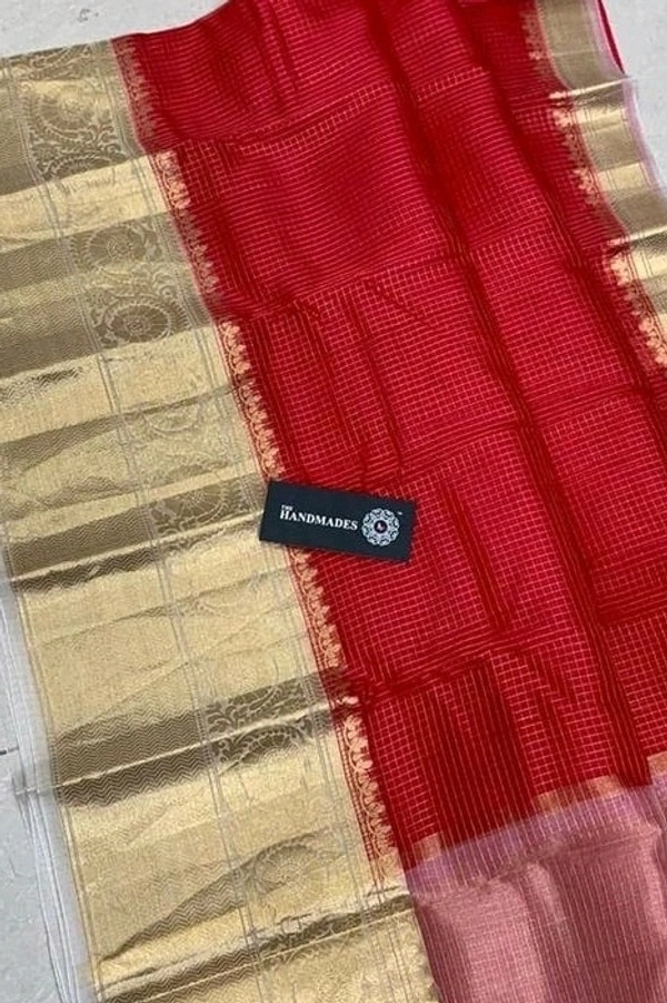 Organza Zari Checks Work With Zari Border,Running Blouse, Saree Length:5.5M,  Blouse Length:80cm, COD Available