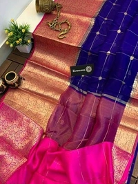 Organza Zari Checks Work With Zari Border,Running Blouse, Saree Length:5.5M,  Blouse Length:80cm, COD Available