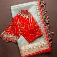   Thin Organza Saree With Beautiful Embroider Border, Fully Stitched Embroider Blouse( Brocade Fabric) , Saree Length:5.5M, Blouse Length:80 CM, COD Available