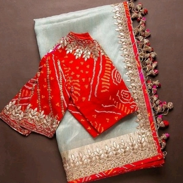   Thin Organza Saree With Beautiful Embroider Border, Fully Stitched Embroider Blouse( Brocade Fabric) , Saree Length:5.5M, Blouse Length:80 CM, COD Available