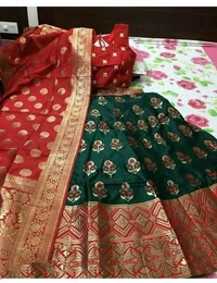 100% pure silk banarasi lehenga choli,Semi stitched lehenga, Design printed with zari on lehenga, blouse, duppatta Fully stitched blouse Duppatta with contrast borderLehenga waiste size:36 , length :42, Duppatta length :2.5m COD Available