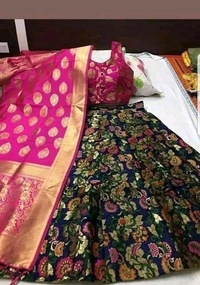 100% pure silk banarasi lehenga choli,Semi stitched lehenga, Design printed with zari on lehenga, blouse, duppatta Fully stitched blouse Duppatta with contrast borderLehenga waiste size:36 , length :42, Duppatta length :2.5m COD Available