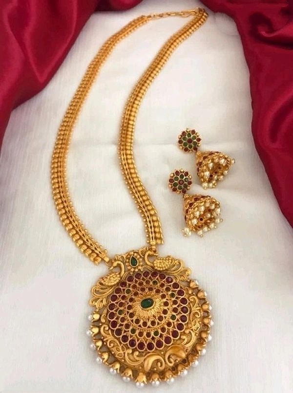 Gold Plated Matte Finish Long Haram,Beads And Kundan, Pearls Used In