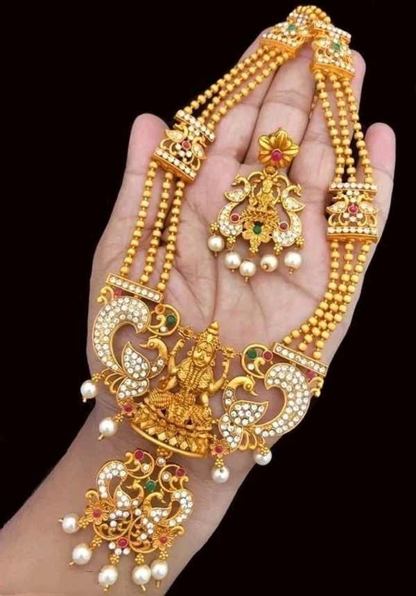 Gold Plated Matte Finish Long Haram,American Diamond, Pearls Used In