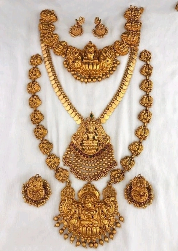 Gold Plated Matte Finish Long & Short, Mini Haram Set With Ear Rings