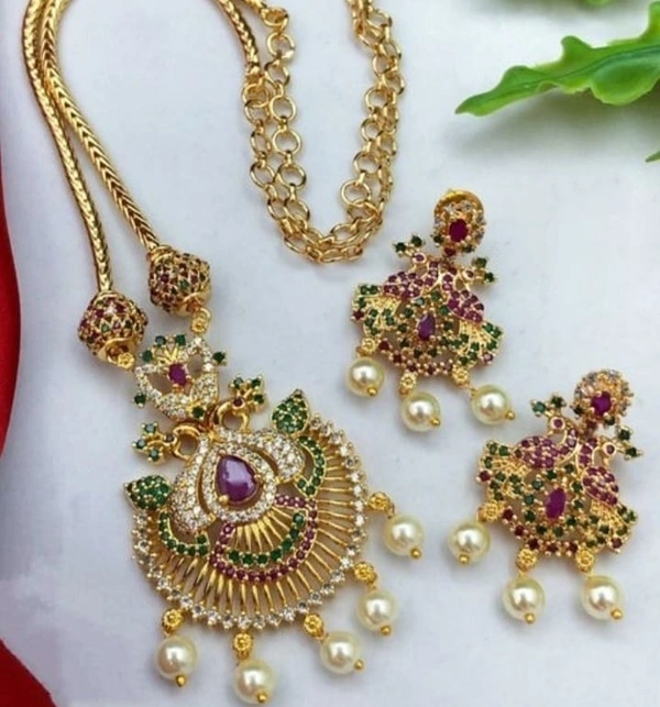 Micro plated elegant set Made with artificial Stones and beads,Pearls in hanging