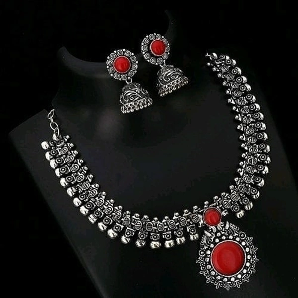 German silver/Oxidised silver, premium quality brass necklace set along with ear rings with artificial beads