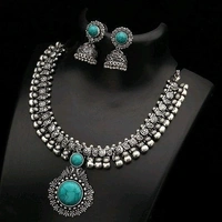 German silver/Oxidised silver, premium quality brass necklace set along with ear rings with artificial beads