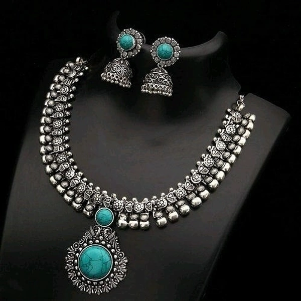 German silver/Oxidised silver, premium quality brass necklace set along with ear rings with artificial beads