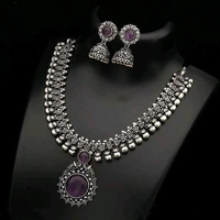 German silver/Oxidised silver, premium quality brass necklace set along with ear rings with artificial beads