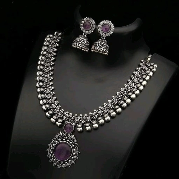 German silver/Oxidised silver, premium quality brass necklace set along with ear rings with artificial beads