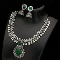 German silver/Oxidised silver, premium quality brass necklace set along with ear rings with artificial beads