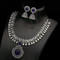 German silver/Oxidised silver, premium quality brass necklace set along with ear rings with artificial beads