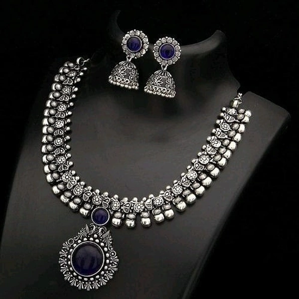 German silver/Oxidised silver, premium quality brass necklace set along with ear rings with artificial beads