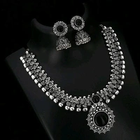 German silver/Oxidised silver, premium quality brass necklace set along with ear rings with artificial beads