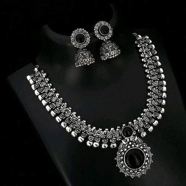 German silver/Oxidised silver, premium quality brass necklace set along with ear rings with artificial beads