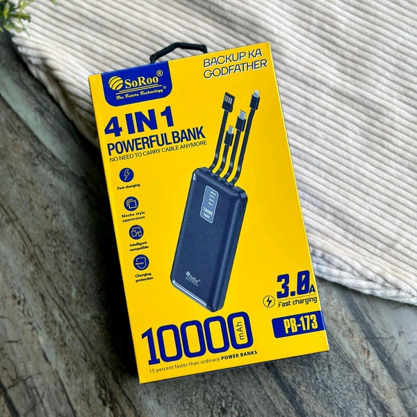 Original Soroo - PB-173 10000 mAh 3.7v 10W Power Bank with 4 in 1 Cables, 2 ports Lithium Percentage Display