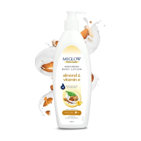 Meglow Pro-Care Almond & Vitamin-E Moisturizing Body Lotion 500ml, With Moisture Lock Technology Upto 48 Hours- For Men And Women