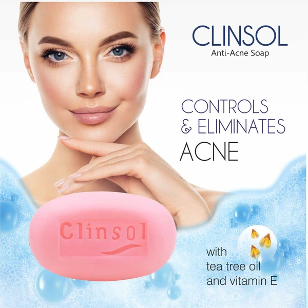 Clinsol Anti Acne Soap For Acne And Pimple Free Skin, Tea Tree Oil And Vitamin E For Men & Women - 100g (2 Pack)