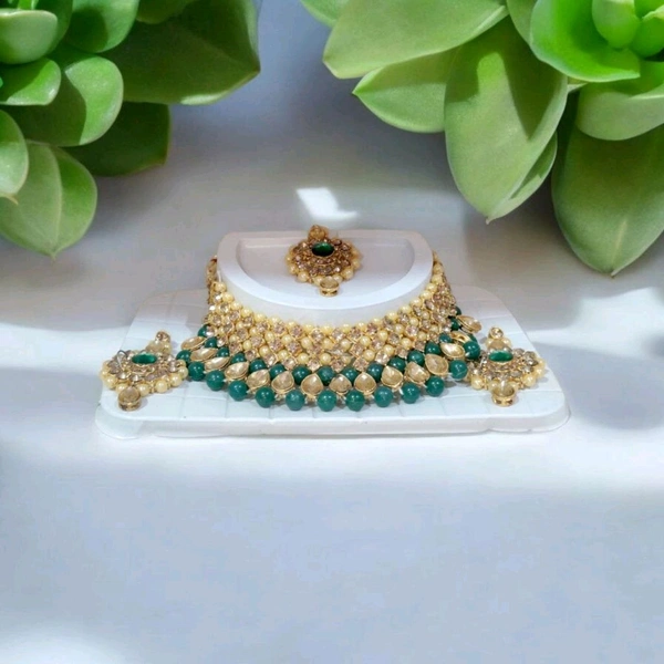 Skb Market Trendy Kundan Gold Plated Pearl Choker Necklace Set with Dangler Earrings & Maangtikka for Women & Girls 