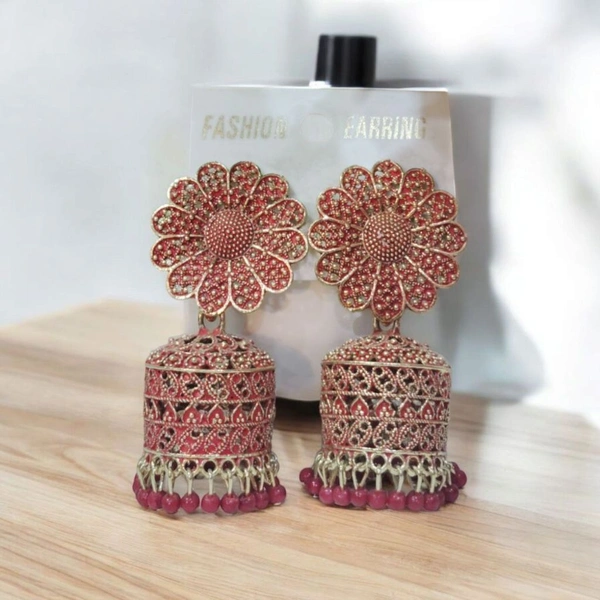 Skb Market Elegant Gold Pink Jhumk Earrings for Women | Traditional Ethnic Jewelry | Stylish & Lightweight Festive Wear Earrings for Weddings, Parties & Daily Wear