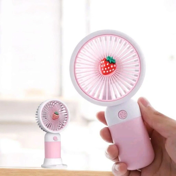 Skb Market Portable Mini Hand Fan, USB Rechargeable, Strawberry Design, Pink and White