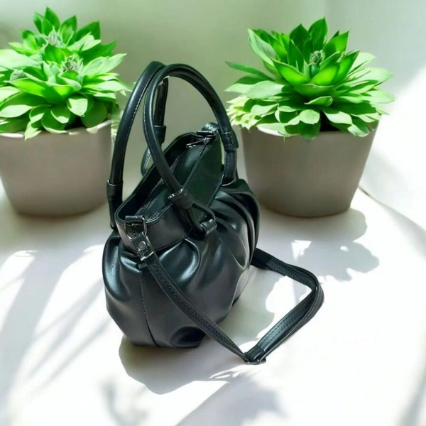 Skb Elegant Pleated Handbag, Black Faux Leather, Top Handle Satchel with Shoulder Strap