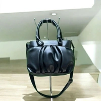 Skb Elegant Pleated Handbag, Black Faux Leather, Top Handle Satchel with Shoulder Strap