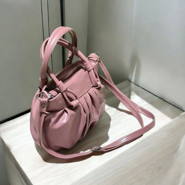 Skb Pleated Faux Leather Crossbody Handbag, Pink, Double Handle with Adjustable Shoulder Strap