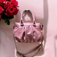 Skb Pleated Faux Leather Crossbody Handbag, Pink, Double Handle with Adjustable Shoulder Strap