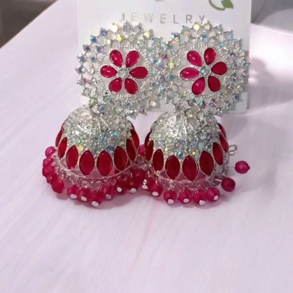 Skb Crystal Floral Jhumka Earrings, Silver-Plated, Red and Rainbow Crystal Stones, Traditional Indian Design
